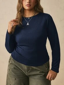 Freevana 大尺碼女款黑色長袖圓領保暖底層束腰 T 恤 - 藏蓝色 - 查看 9