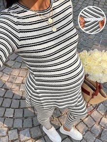 SHEIN 孕婦條紋長袖上衣與可調腰圍長褲休閒日常兩件套 - 杏色 - 查看 2