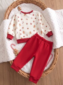 SHEIN 2件組幼童女童運動衫+運動長褲套裝，可愛紅白色泰迪熊薑餅人印花，長袖圓領，派對冬季秋季節日穿搭 - 紅色 - 查看 3