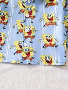 SpongeBob SquarePants | SHEIN 小男孩休閒卡通條紋印花長袖上衣與長褲睡衣套裝 - 彩色 - 查看 7