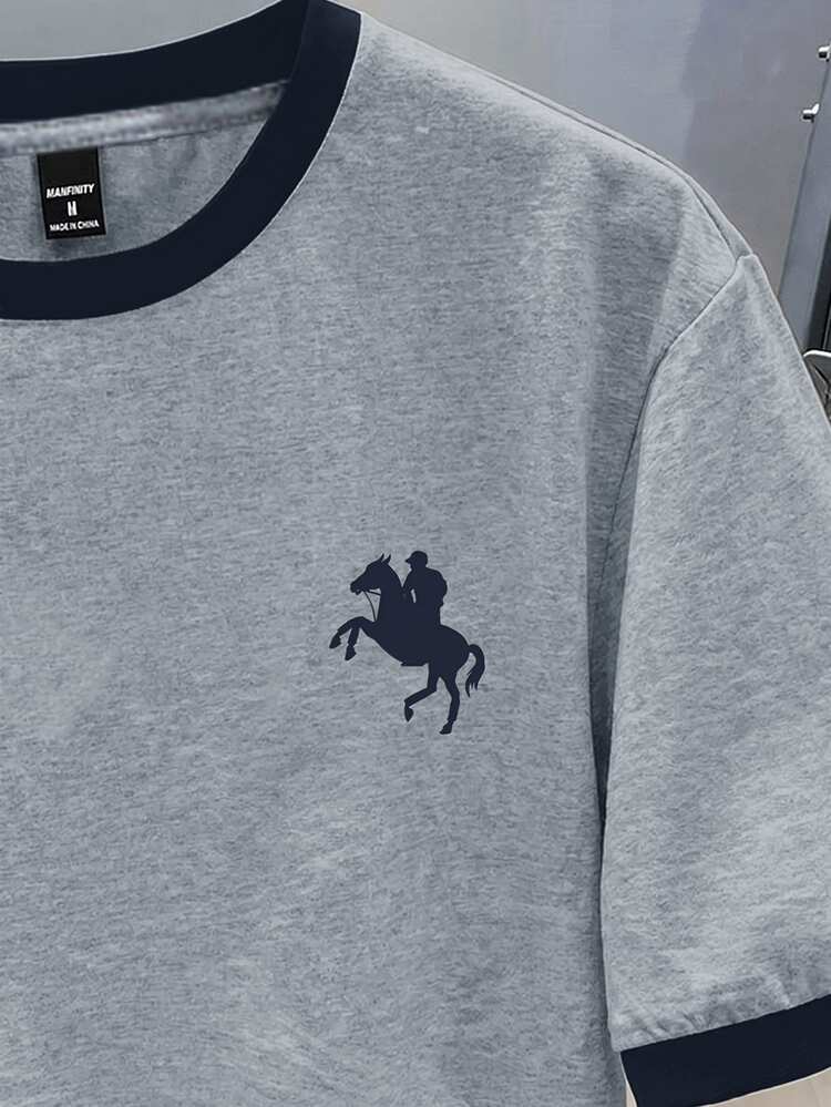 Manfinity Hypemode Plus Size Men's Grey Floral Print Patchwork Navy Blue Cuff T-Shirt - Grey - View 2