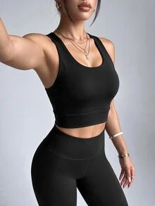 SHEIN Dewbera حمالة صدر رياضية عصرية بتغطية عالية مع أكواب قابلة للفصل، حمالات سميكة غير متماثلة وحمالات رفيعة، تصميم ظهر مثير بطبقات متقاطعة، ملابس داخلية وظيفية - الأسود - مشاهدة 3