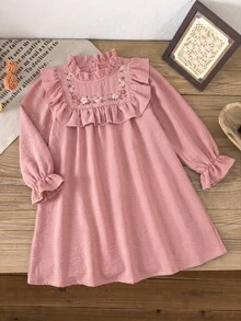 Emery Rose Kids Emery Rose Kids 女童編織素色花卉圖案荷葉邊休閒洋裝 - 藕粉色 - 查看 6