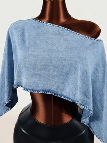 Mistrie Women's Denim Asymmetrical Shoulder Flowy Casual Versatile Denim Jacket - Blue - View 6