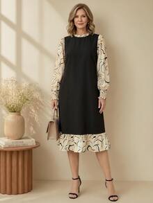 EMERY ROSE Women's Round Neck Patchwork Contrast Color Design Elegant Dress - Black - View 7