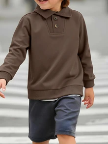 SHEIN Genkimix Kids 小男孩棕色大翻領運動衫，紳士休閒優雅，厚實舒適，適合校園、外出、日常，秋冬春季穿著 - 棕色 - 查看 2