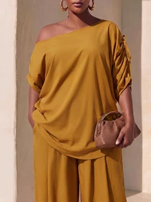 Zivah Women's Plus Size Asymmetrical Neckline Loose Fit 2 Pieces Set - Yellow - View 11