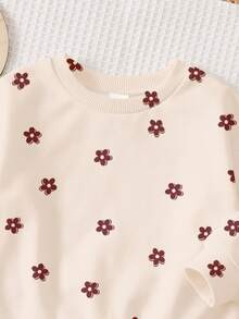 Baby Girls Versatile Cute Sweet Mini Cartoon Floral Pattern Crew Neck Sweatshirt & Brushed Leggings Set, Autumn/Winter Daily, Holiday, Christmas Outfit - Multicolor - View 8