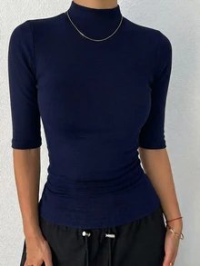 DAZY 女款高領修身短袖休閒T恤 - 藏蓝色 - 查看 5