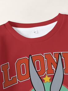LOONEY TUNES X SHEIN 青少年男孩字母印花圓領長袖休閒衛衣 - 白色 - 查看 3