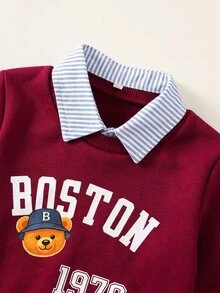 男嬰/幼兒 2件組秋冬加厚抓絨時尚可愛泰迪熊圖案衛衣與牛仔褲套裝，可拆卸領子，冬季嬰兒服飾，丹寧牛仔褲運動套裝 - 紅色 - 查看 7