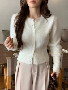 DAZY Women's Solid Color Casual Long Sleeve Cardigan, Autumn/Winter - White - View 5