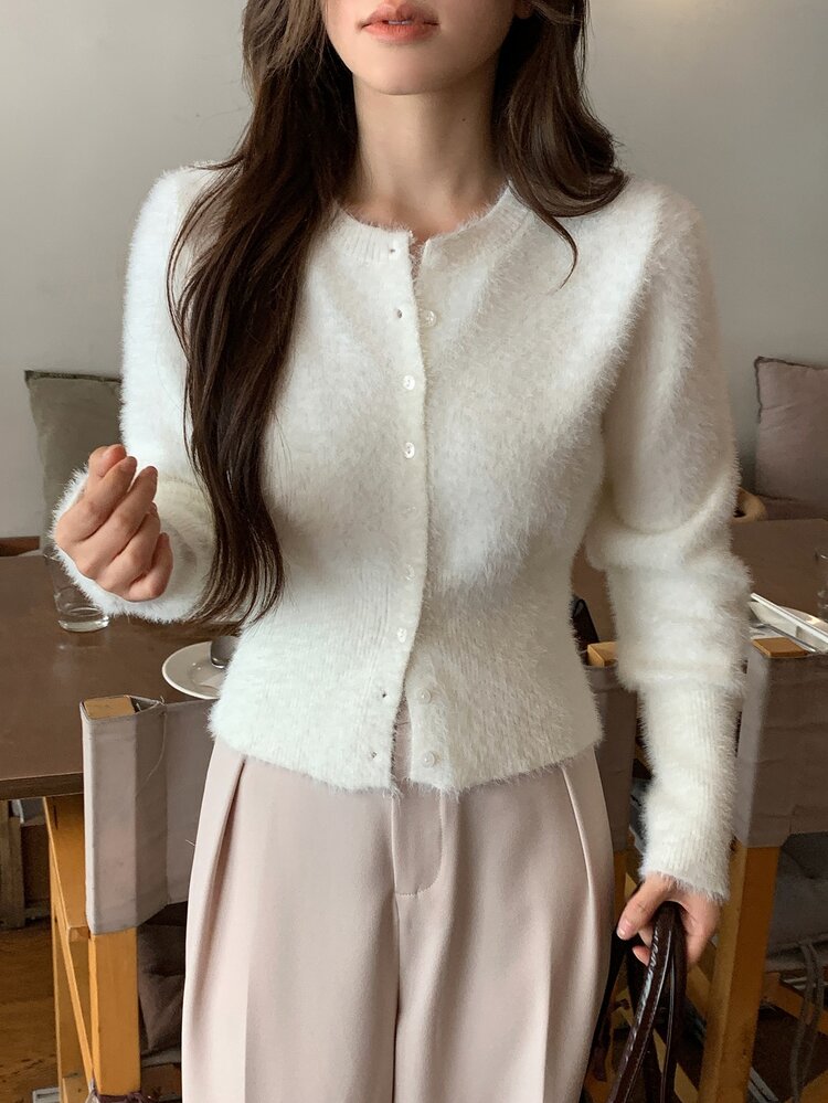 DAZY 女款素色休閒長袖開襟衫，秋冬款 - 白色 - 查看 5