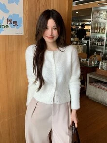 DAZY Women's Solid Color Casual Long Sleeve Cardigan, Autumn/Winter - White - View 8