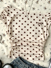 Teen Girls Apricot Casual Minimalist Fitted Asymmetrical Shoulder Ruched Cropped Top, Suitable For Spring/Summer, Personalized Outfit, Daily Wear - White - View 3