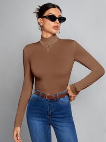 SHEIN Tall Simple Solid Color Slim High Collar White Top Suitable For Autumn And Winter - Mocha Brown - View 6