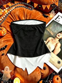 Top tubo sin tirantes con gráfico de calabaza Jack O Lantern de Halloween para mujer, top bandeau con dobladillo asimétrico, top corto sexy para fiesta de otoño de temporada e - Negro - Ver 2