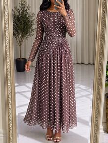 SHEIN Lady Women's Polka Dot Pattern Drawstring Waist Long Sleeve Elegant Dress - Multicolor - View 3