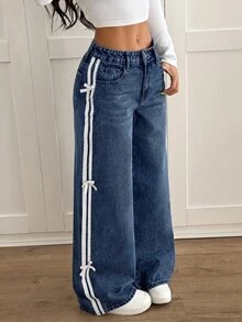 SHEIN PETITE 女款休閒日常牛仔褲，附口袋、鈕扣與蝴蝶結裝飾 - 深色水洗藍 - 查看 4