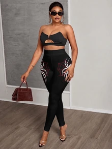 Slaydiva Plus Size Women Spider Print Black Leggings Halloween - Multicolor - View 3