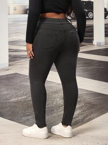 SHEIN PETITE CURVE بنطال جينز ضيق بخصر عالي بلون موحد للنساء بمقاسات كبيرة - الأسود - مشاهدة 2