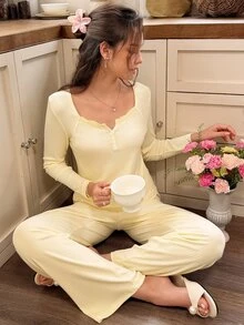 Snug Reverie Pale Yellow Romantic Lace Trim Square Neck Long Sleeve Long Pants Pajama Set - Yellow - View 5