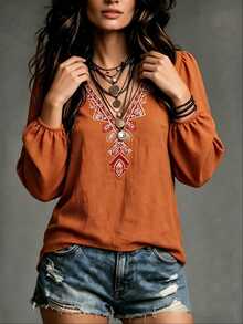 SHEIN Women's Casual Loose Design Button-Down Long Sleeve Shirt With V-Neck And Geometric Embroidery Pattern, Suitable For Dates, Vacations, Parties, Daily Outings, Gatherings, Outdoor Activities - Orange - View 4