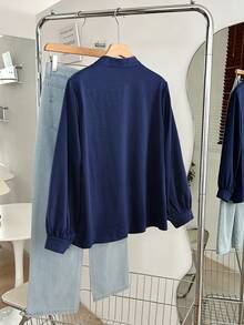 Lacomfia Embroidered Button Decor Striped Craft Long Sleeve Loose Fit Casual Versatile Navy Blue Shirt - Navy Blue - View 2