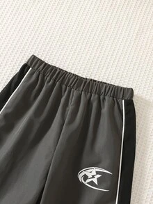 SHEIN 男童休閒運動學院風百搭時尚簡約裝飾抽繩直筒長褲，適合日常穿著、上學、旅行、運動，春夏秋冬四季皆宜 - 彩色 - 查看 3