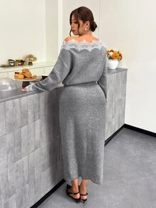 Firerie Plus Size Women's Lace Patchwork Asymmetrical Shoulder Long Sleeve Knit Dress - Grey - View 3