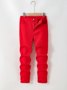 SHEIN 2Pcs Tween Boy Bear Game Graffiti Pattern Loose-Fitting Long-Sleeved Jacket And Stretchy Tight Jeans - Red - View 7
