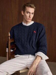 Manfinity CityGents Men's Knight Embroidery Long Sleeve Casual Crew Neck Knit Sweater - Navy Blue - View 1