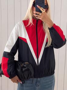 SHEIN EZwear 女款休閒拼色寬鬆前拉鍊長袖薄款夾克，杏色風格運動外套，秋冬服飾，適合日常通勤、聚會、夏季、聖誕節、新年、感恩節、派對、婚禮、海灘、出遊、約會、情人節，優雅度假 Y2K 風格 - 彩色 - 查看 4