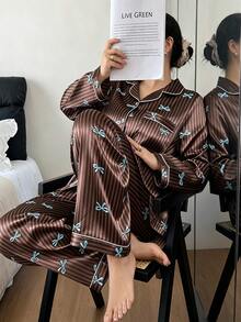 Napfluff CURVE Napfluff CURVE Bowknot Striped Faux Silk Lapel Plus Size Women's Pajama Set - Coffee Brown - View 1
