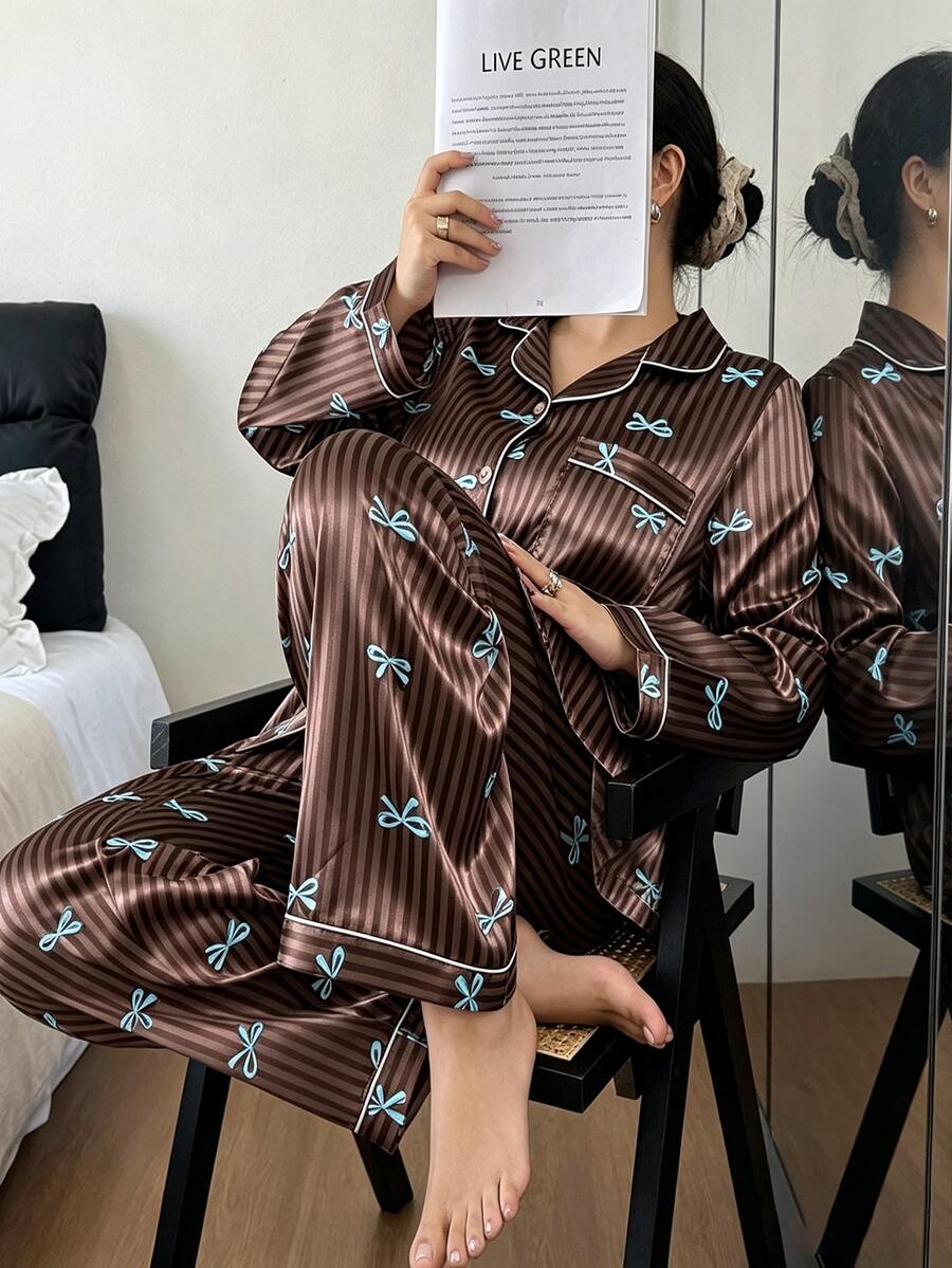 Napfluff CURVE Napfluff CURVE Bowknot Striped Faux Silk Lapel Plus Size Women's Pajama Set - Coffee Brown - View 1