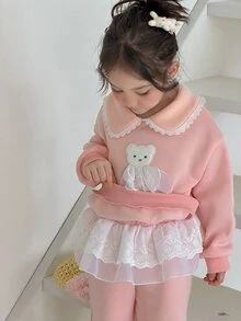 DAZY Setelan Sweatshirt 2 Potong Gaya Korea Kerah Peter Pan untuk Bayi Perempuan, Warna Polos, Kasual Musim Gugur/Dingin - Baby Pink - View 4