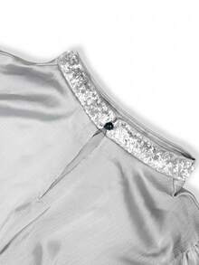 Velvienne Women's Plus Size Elegant Beaded Collar Top, Metallic Luster Satin Lantern Long Sleeve With Ribbed Cuffs And Belt Design Party Blouse - Multicolor - View 5