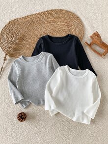 SHEIN 3件組嬰幼兒簡約基礎羅紋紋理多色基本色調圓領長袖T恤上衣，適合日常穿著，春秋款 - 彩色 - 查看 8