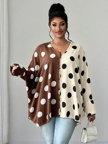 Maweii Plus Size Women's Colorblock Polka Dot Patchwork Sheer Split Batwing Sleeve Sexy Long Sleeve Blouse - Multicolor - View 3