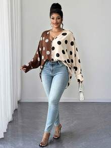 Maweii Plus Size Women's Colorblock Polka Dot Patchwork Sheer Split Batwing Sleeve Sexy Long Sleeve Blouse - Multicolor - View 6
