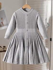 Young Girl Round Neck Long Sleeve Button Sweater Dress - Grey - View 3