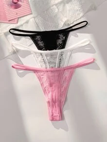 PetitDoll 3件組女款前蝴蝶結蕾絲拼接花卉圖案丁字褲 - 彩色 - 查看 2