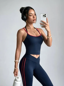 Dewbera Dewbera Women's High Elasticity Colorblock 2 Pieces Sports Set, 2 In 1 Yoga Workout Running - Navy Blue - View 5