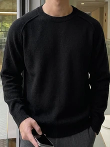 DAZY 男士純黑色長袖圓領通勤毛衣，秋季 - 黑色 - 查看 3