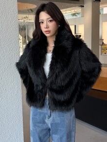K-Vae Women's Long Sleeve Solid Color Fashion Autumn/Winter Faux Fur Coat - Black - View 6