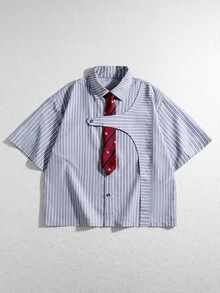 ROMWE MEN 男士條紋短袖襯衫，配不對稱裝飾與領帶，都市文藝復興街頭風休閒時尚創意個性街頭穿搭 - 淺灰色 - 查看 1