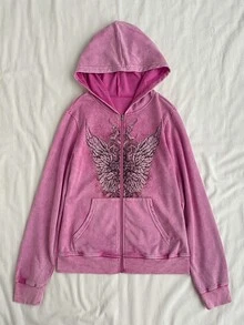 Attitoon Casual Street Style Deep Purple Red Snowflake & Wing Graphic Women's Long Sleeve Sweatshirt, Suitable For Autumn/Winter, Y2K - Red Violet - View 3