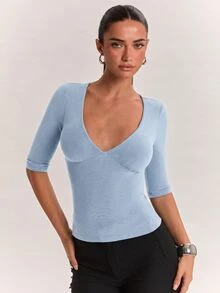 SHEIN BAE 女款柔軟舒適羊絨長袖上衣，適合日常穿著、返校穿搭、通勤與辦公室穿著，秋冬季 - 淺藍色 - 查看 1
