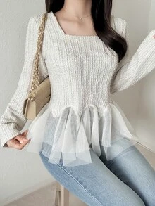 FRIFUL Blus Elegan Lengan Panjang Leher Persegi dengan Detail Jala Kontras Warna Polos untuk Wanita di Musim Gugur - Krem - View 1
