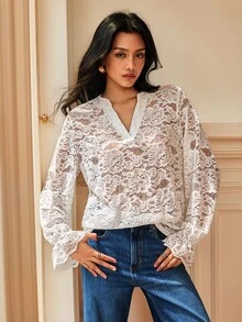 SHEIN Casual Daily Commute V-Neck Hollow Lace Ruffle Bell Sleeve Women's Blouse - Apricot - View 5